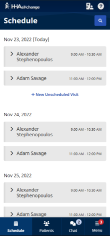 Image of Schedule page showing scheduled visits for today and tomorrow