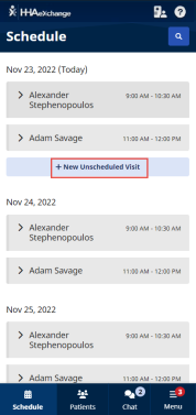 Image of Schedule page with + New Unscheduled Visit highlighted