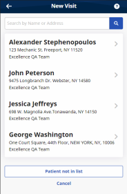 Image of New Visit page where Caregiver selects a Patient for an Unscheduled Visit