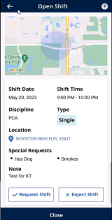 Image of the Open Shift Details page showing information about the shift with a Request Shift button, a Reject Shift button, and a Close page button at bottom.