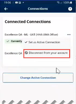 Partial image of the Connected Connections page with Disconnect from your Account highlighted