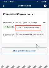 Partial image of the Connected Connections page with Set as Active Connection highlighted