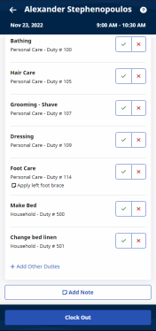 Partial image of Scheduled Visit Details page showing Tasks, Add Note button, and Clock Out button at bottom