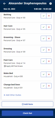 Partial image of Visit Details page showing Tasks, Add Note button, and Clock Out button at bottom