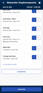 Partial image of Scheduled Visit Details page showing Tasks, Add Note button, and Clock Out button at bottom