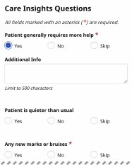 Partial image of sample Care Insights Questions showing a question answered Yes with a text box for Additional Info
