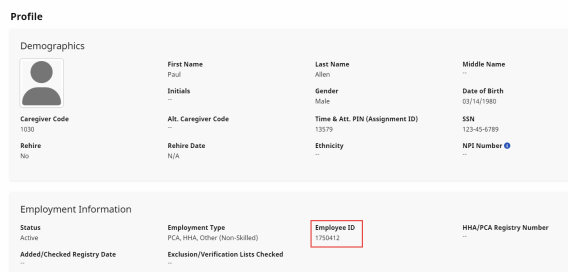 Caregiver Profile with Employee ID