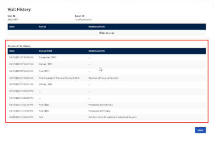 Visit History page showing Response File History highlighted