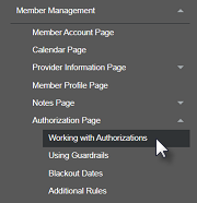 Navigation menu with arrow cursor hovering over Working with Authorizations topic