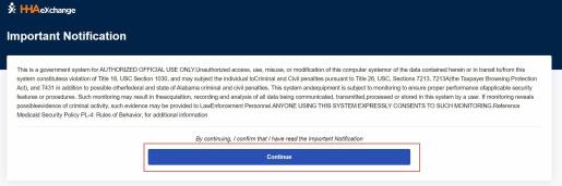 Important Norification page with sample Privacy and Confidentiality Notice. User must click Continue (highlighted).