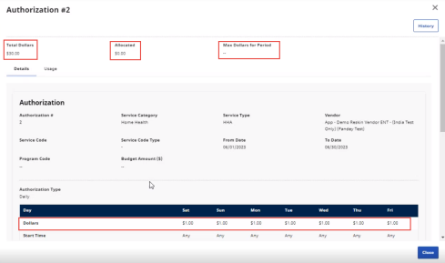 Sample Authorization with Dollar-Based Authorization Details highlighted