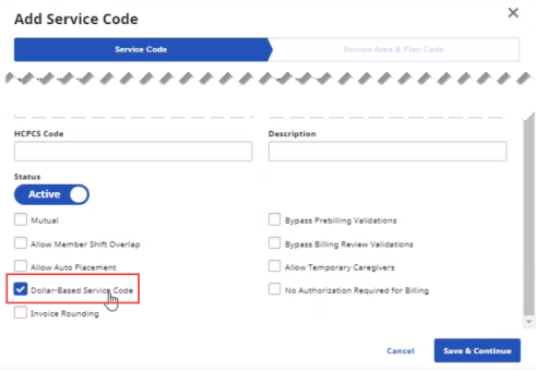 Partial image of Add Service Code page with Dollar-Based Service Code selection highlighted at lower left