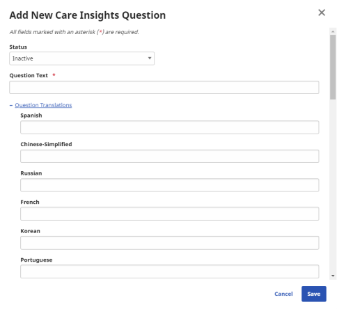 Sample of Add New Care Insights Question page expanded to show language options