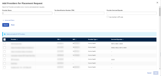 Add Proivders for Placement Request page with blurred data