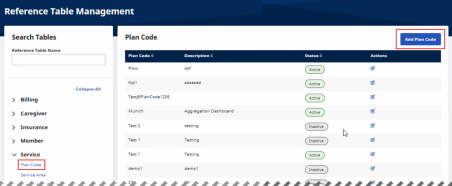 Partial image of Plan Code page with Add Plan Code highlighted at top right