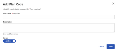 Add Plan Code page