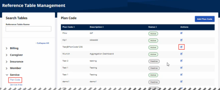 Partial image of Plan Code page with Edit icon of one Plan Code highlighted at right