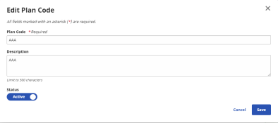 Edit Plan Code page