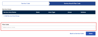 Service Area & Plan Code page with Plan Code field highlighted