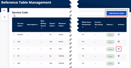 Partial image of Service Code page with Add Service Code at top right and Edit icon at right highlighted