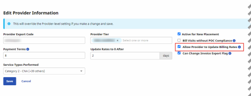 Partial image of Edit Provider Information page with Allow Provider to Update Billing Rates highlighted