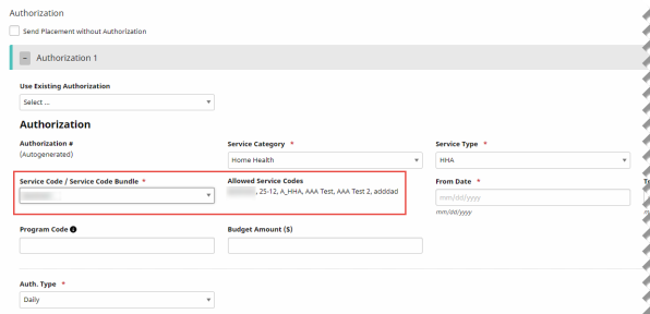 Partial image of the Add Placement page showing the Authorization section with Service Code/Service Code Bundle and Allowed Service Codes highlighted