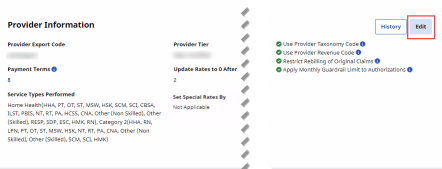 Partial image of Provider Information page with Edit button highlighted at top right