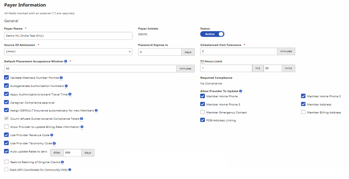 Payer Profile page showing General information