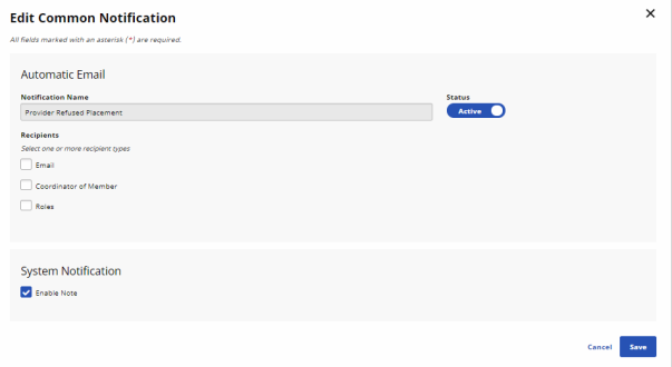 Editing Common Notification page showing sample Notification Name and Active Status with Enable Note selected