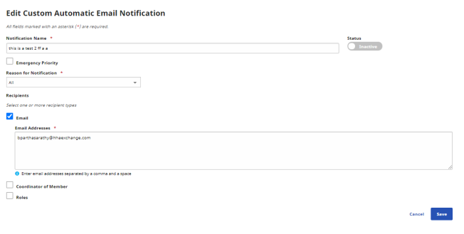 Edit Custom Automatic Email Notification page showing sample notification data