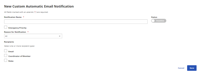 New Custom Automatic Email Notification page shown blank
