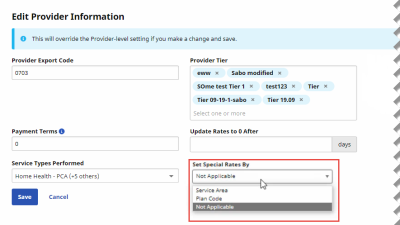 Partial image of Edit Provider Information page with Set Sepcial Rates By list expanded to show values and highlighted